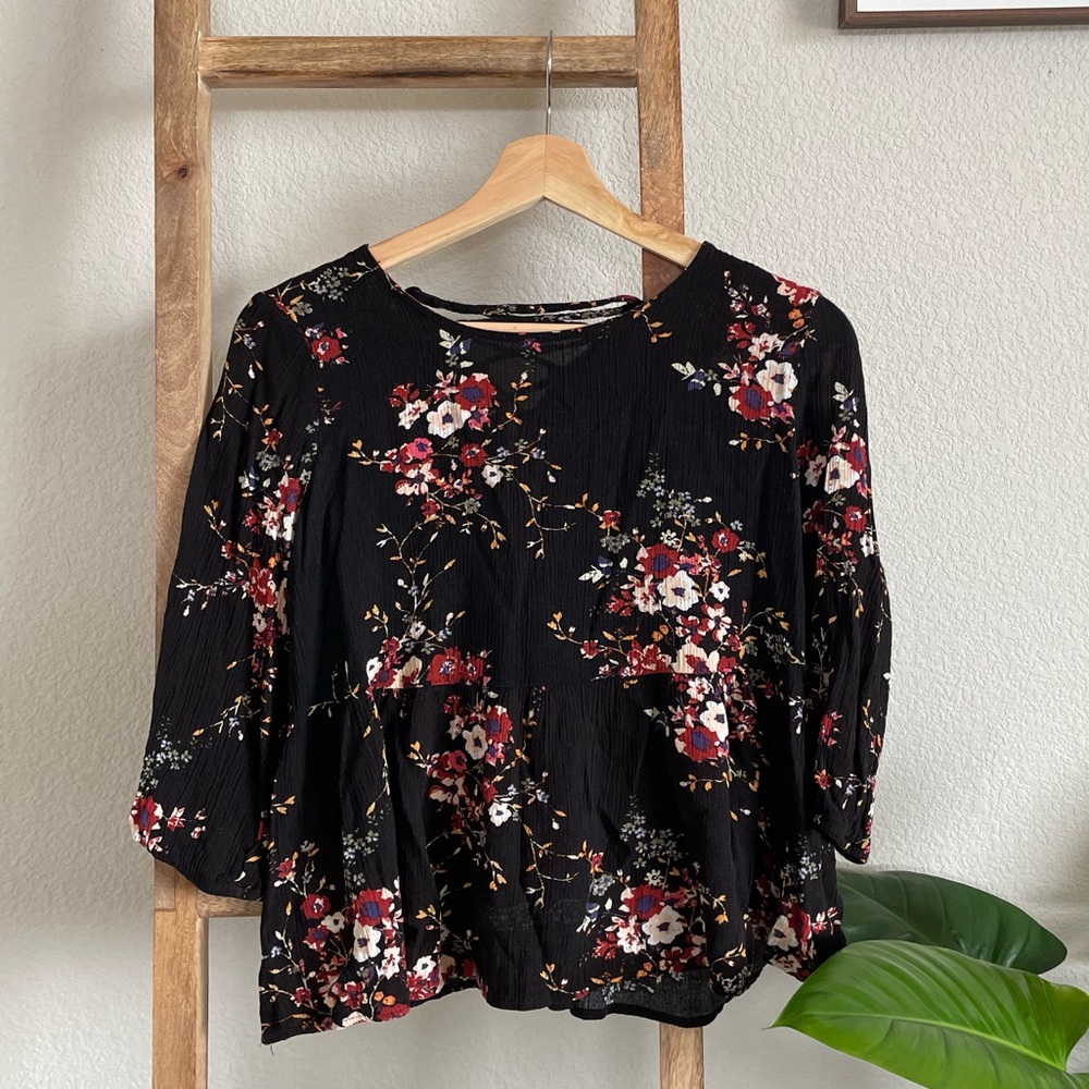 Miami | Black Boho Floral Baby Doll Rayon Top